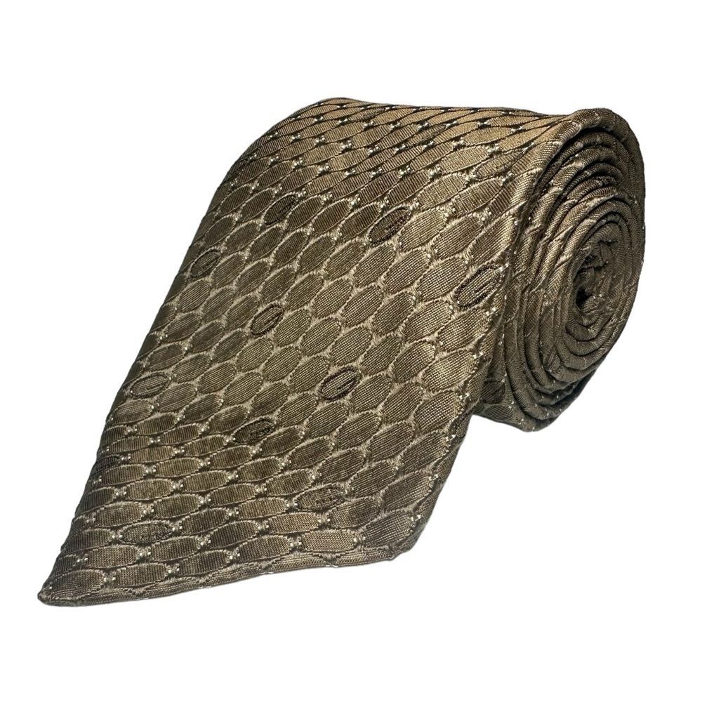 GUCCI Brown Gold Ring Geometric Oval Op Art Design Men's Silk Neck Tie